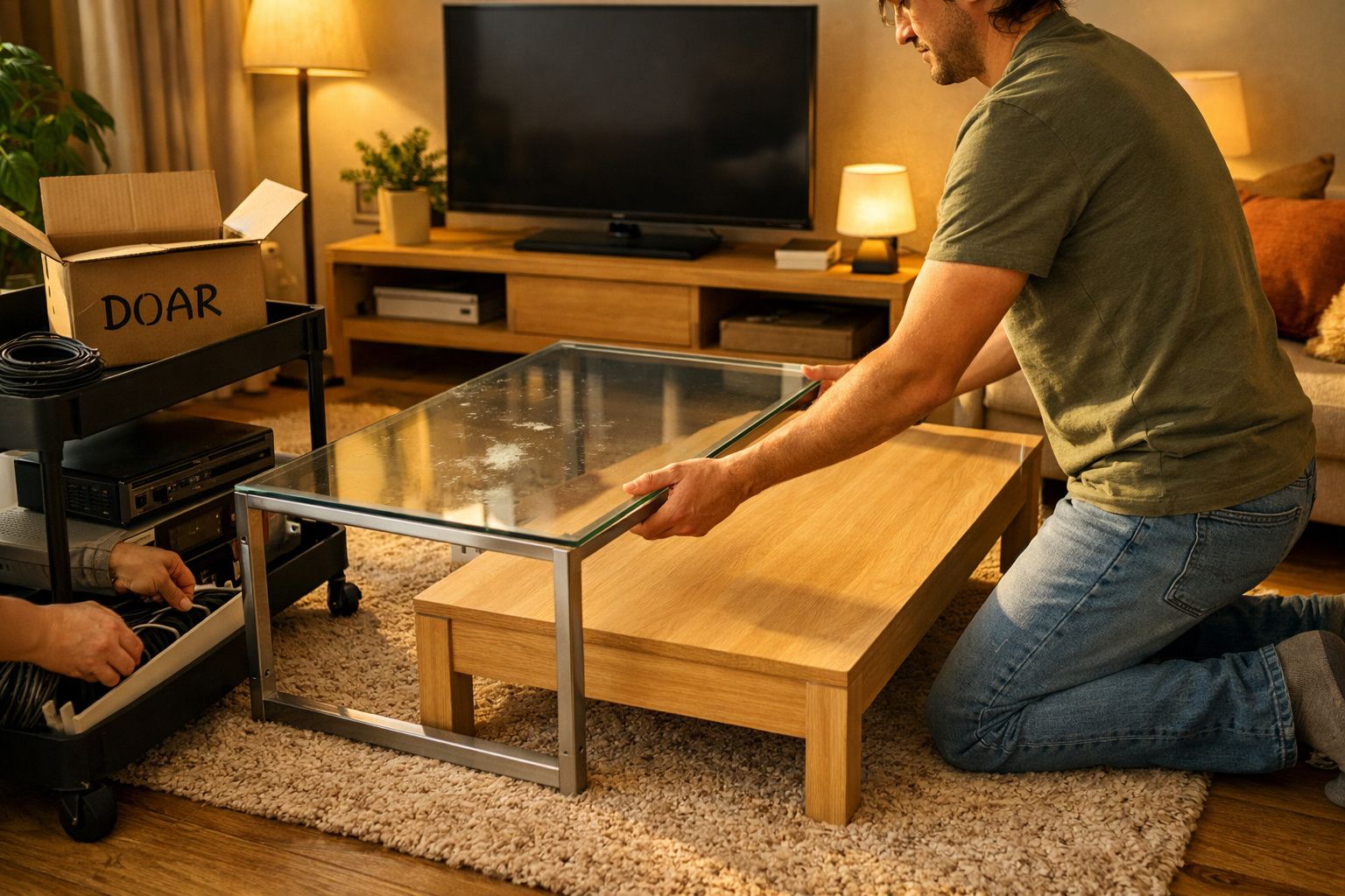 Homem ajoelhado no chão, segurando cabos emaranhados ao lado de aparelhos eletrônicos e uma cesta de vime.