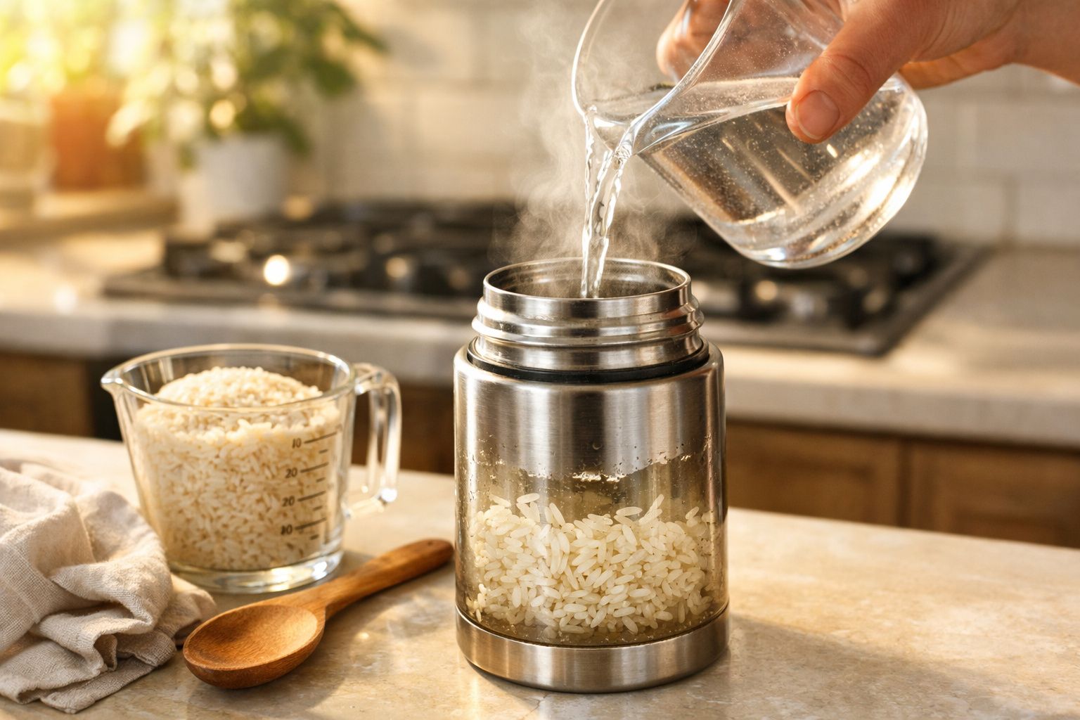 Mão vertendo água sobre arroz em jarro de vidro, medidor de arroz ao lado, cozinha desfocada ao fundo.