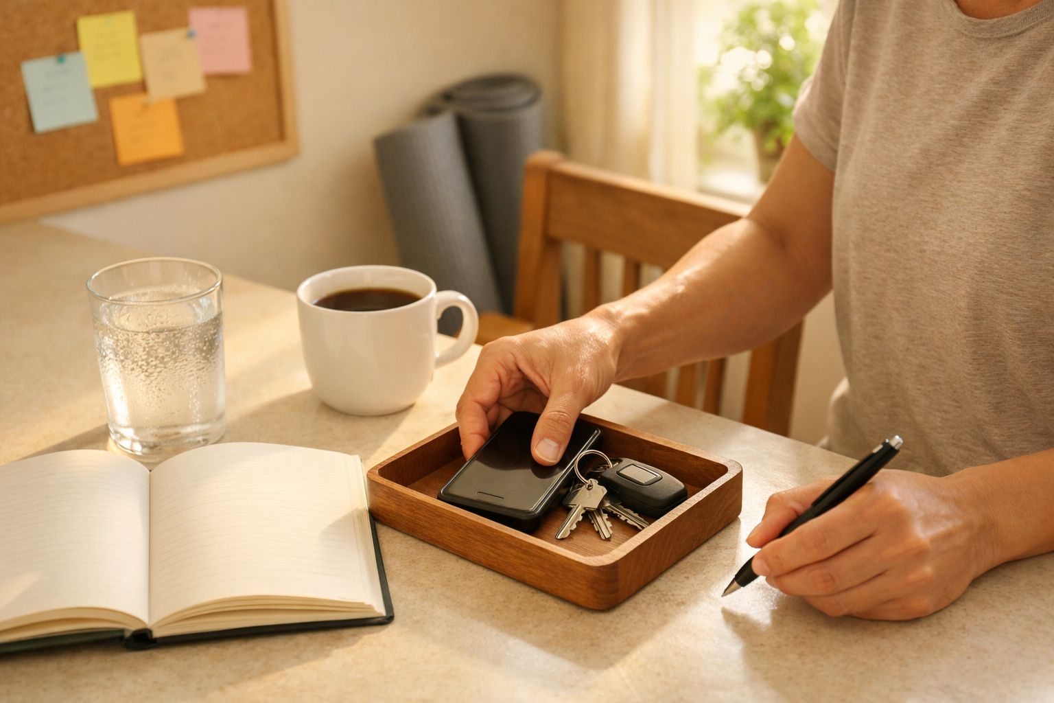 Mão a encher copo com água em mesa com caderno, chávena de café, telemóvel, chaves e fruta.