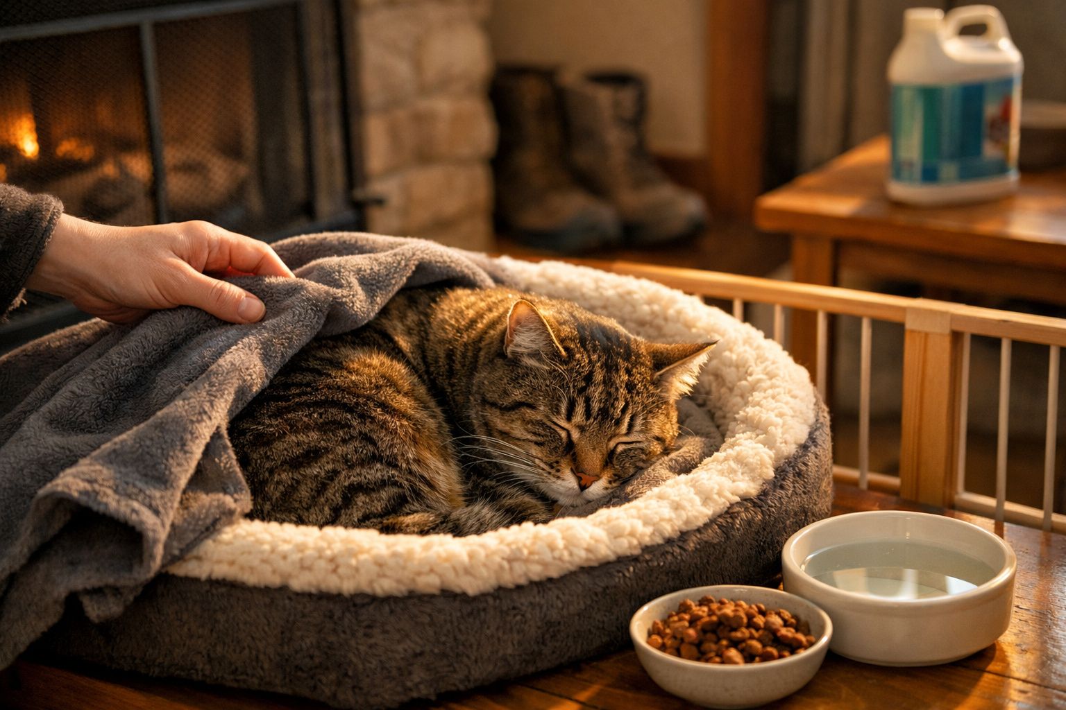 Gato dormindo numa cama confortável perto da lareira, coberto por uma manta. Ao lado, tigelas de água e comida.
