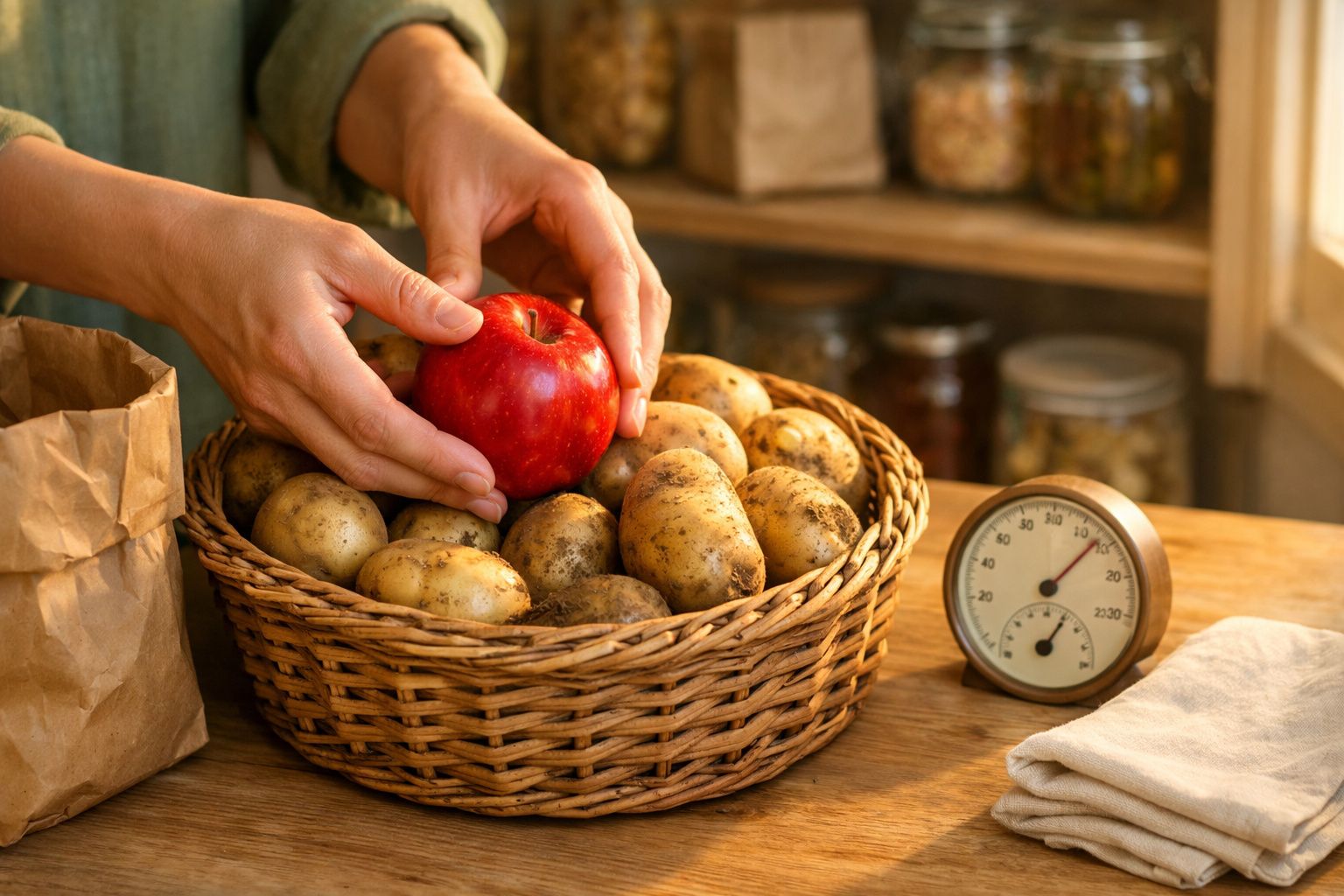 Pessoa coloca maçã vermelha num cesto de batatas sobre a mesa. Ao lado, relógio de cozinha e saco de papel.
