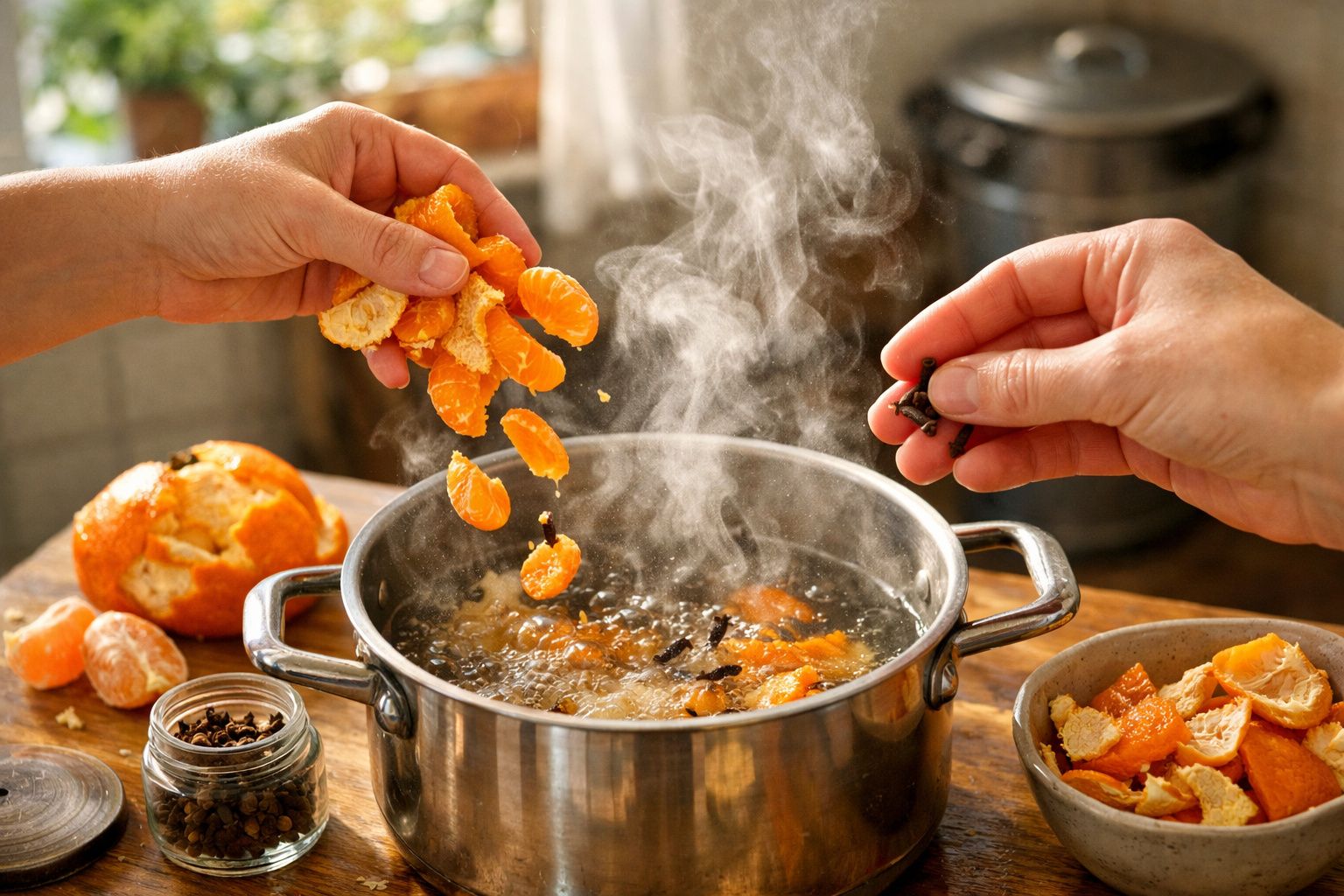 Mão adiciona cascas de laranja e cravo a panela de água a ferver, criando vapor na cozinha iluminada.