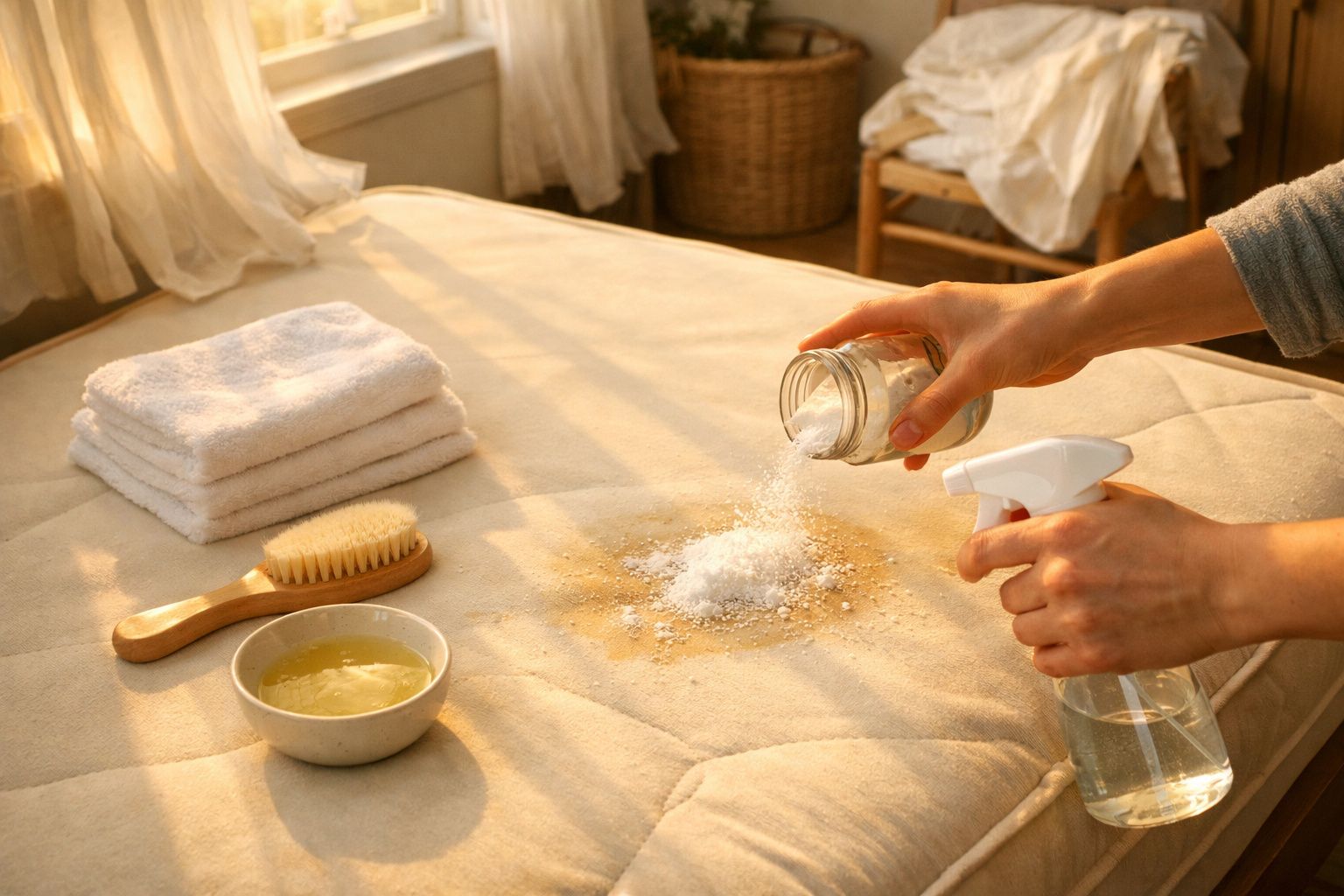 Pessoa limpa colchão com pano e pó branco, borrifador e ventilador ao lado.