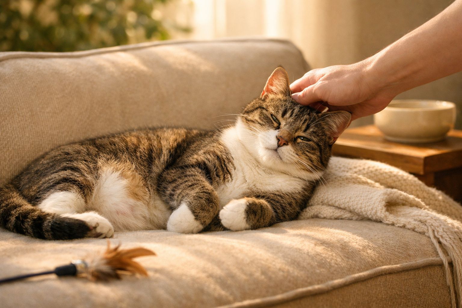 Gato deitado no chão de madeira, a ser acariciado, com uma tigela e brinquedo no fundo, à luz do sol.