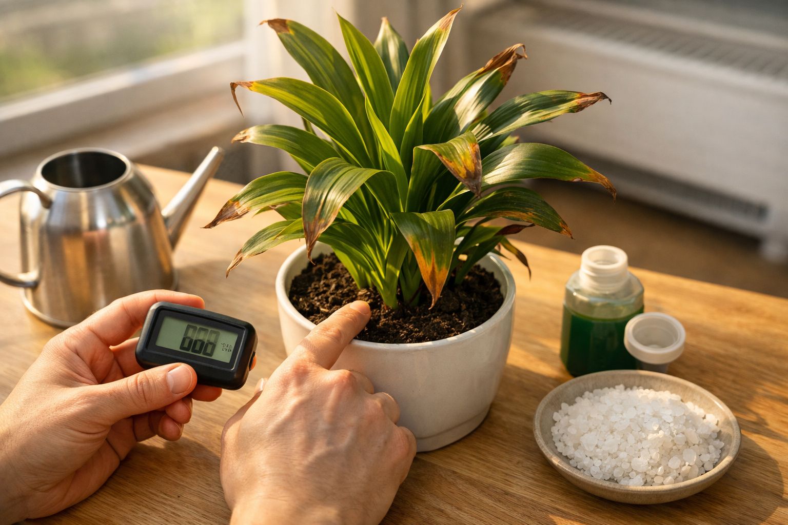 Pessoa a podar folhas de uma planta em vaso de barro, com tesoura e materiais de jardinagem ao redor.