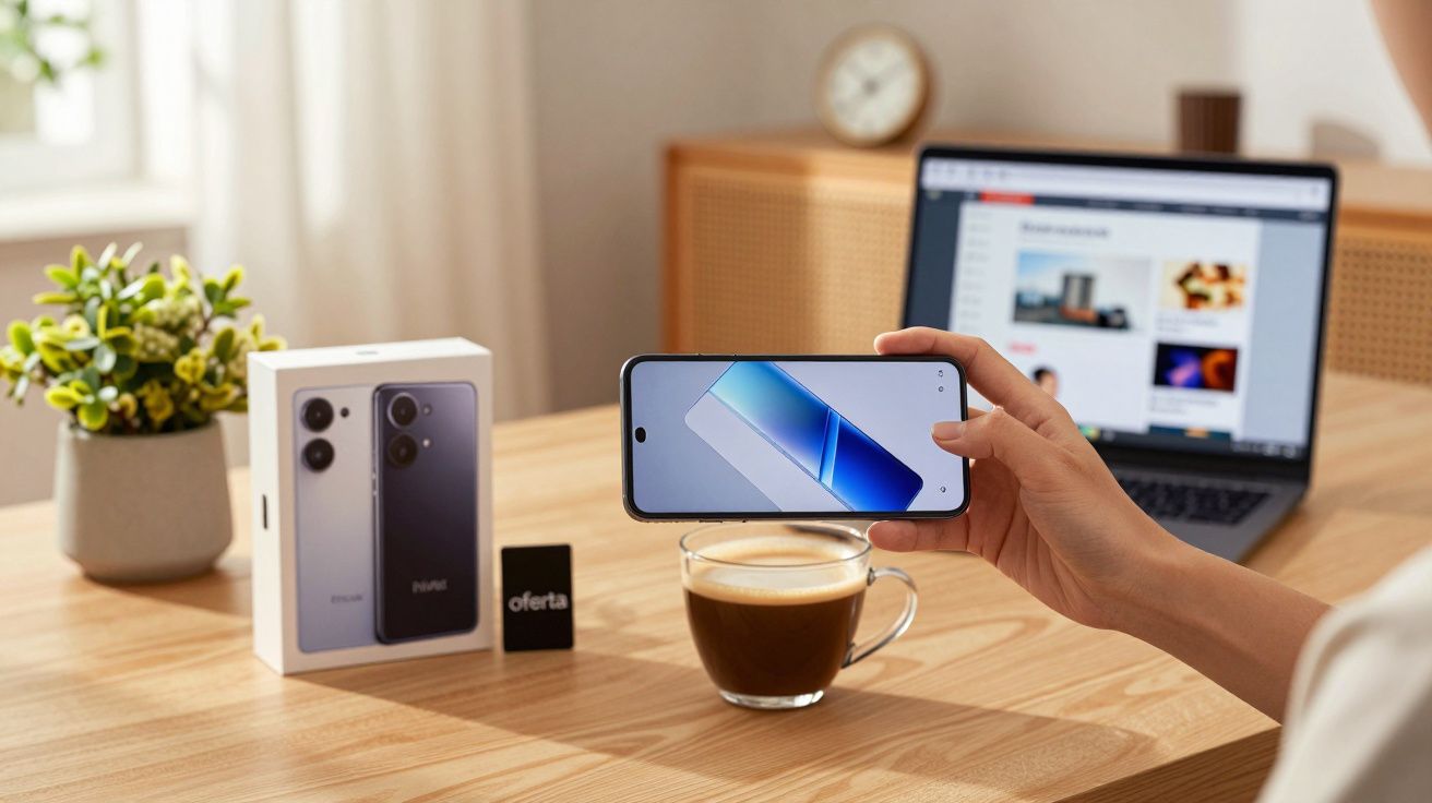 Pessoa segura smartphone em frente a uma chávena de café, com caixa de telemóvel e portátil ao fundo.