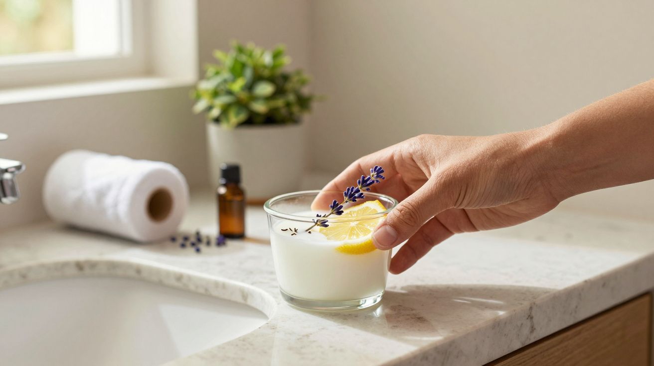 Mão segurando vela aromática com limão e lavanda em casa de banho, junto a toalha e frasco âmbar.