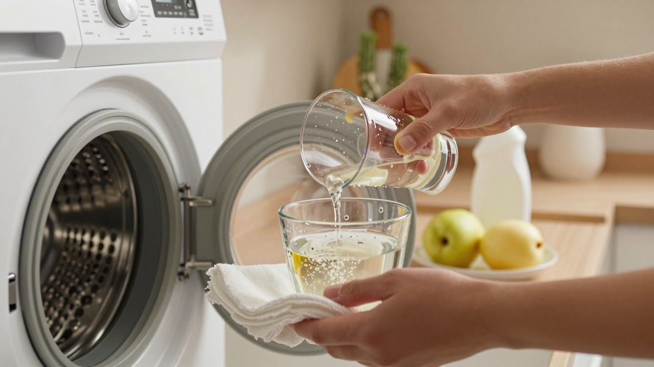 Pessoa a verter líquido num copo à frente de uma máquina de lavar roupa aberta, com maçãs ao fundo.