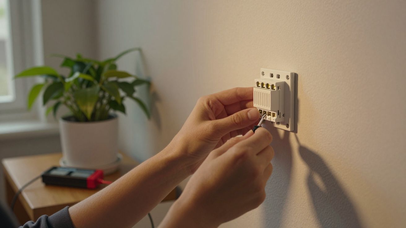 Pessoa a instalar um interruptor na parede com plantas ao fundo.