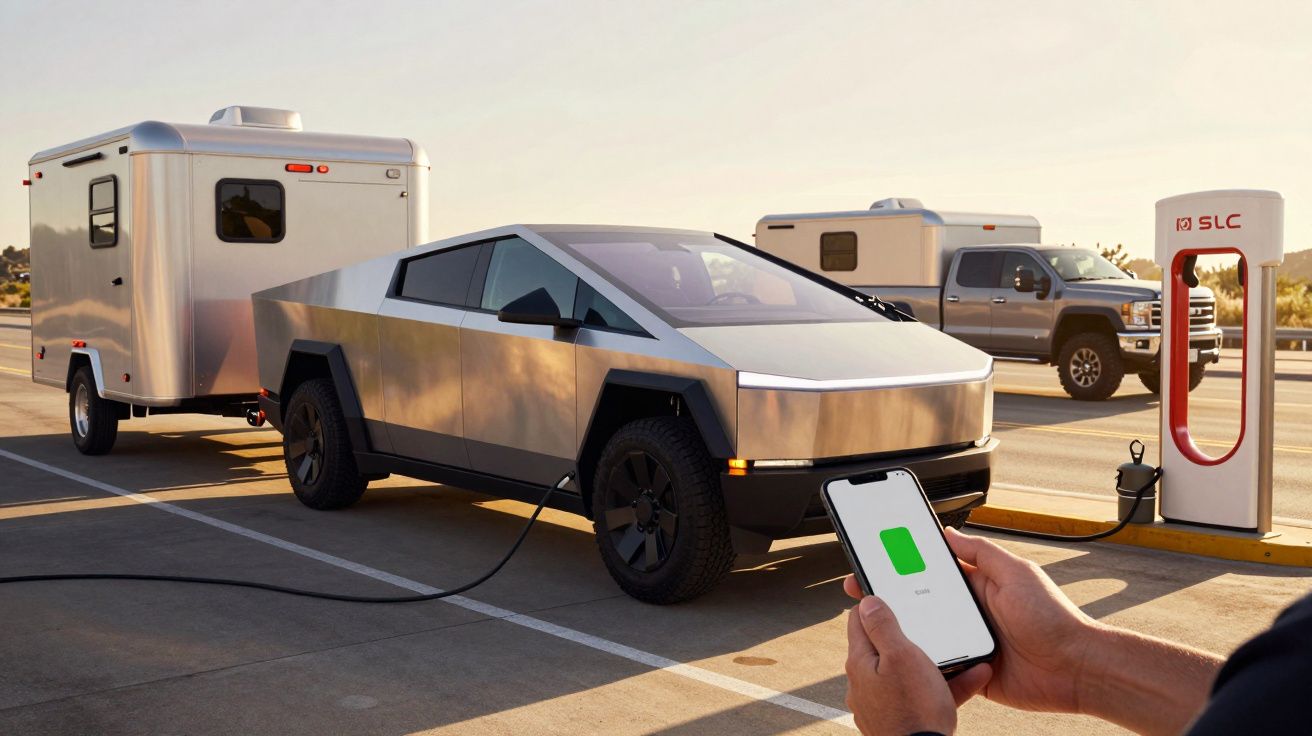 Pickup elétrica a carregar num posto, rebocando um atrelado com uma aplicação no smartphone a mostrar o nível da bateria.