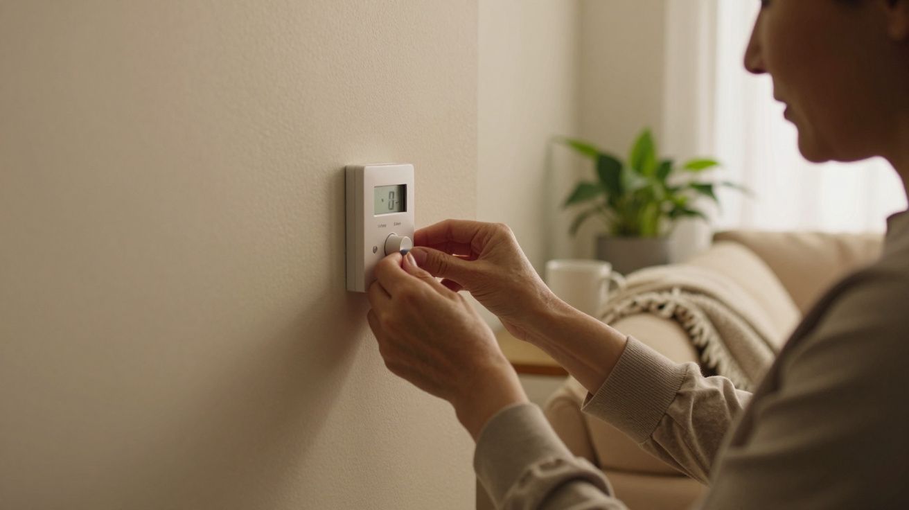 Pessoa ajusta um termóstato digital montado na parede de uma sala de estar, com planta e sofá ao fundo.