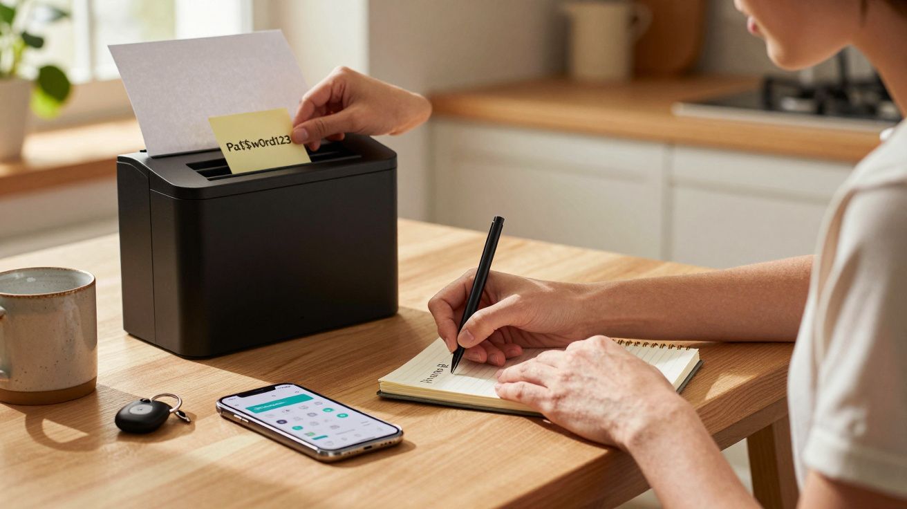 Pessoa escreve num bloco de notas enquanto outra tritura um papel com a palavra "Pa$$word123" numa trituradora preta.