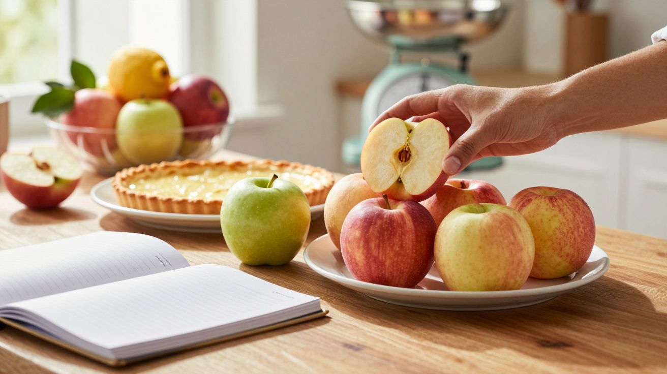 Mesa de cozinha com tarte, maçãs e caderno aberto; mão segura maçã cortada ao meio.