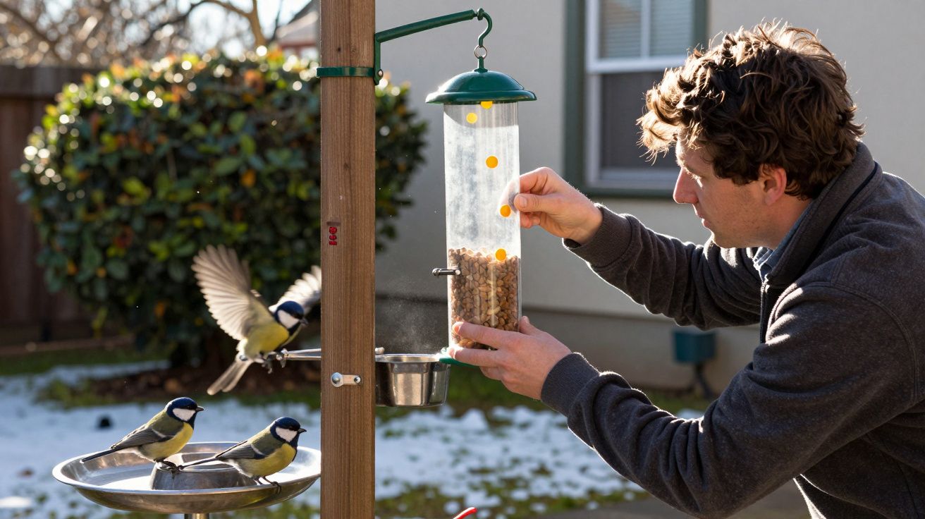 Homem a encher comedouro de pássaros no jardim, com chapins a alimentar-se ao redor.