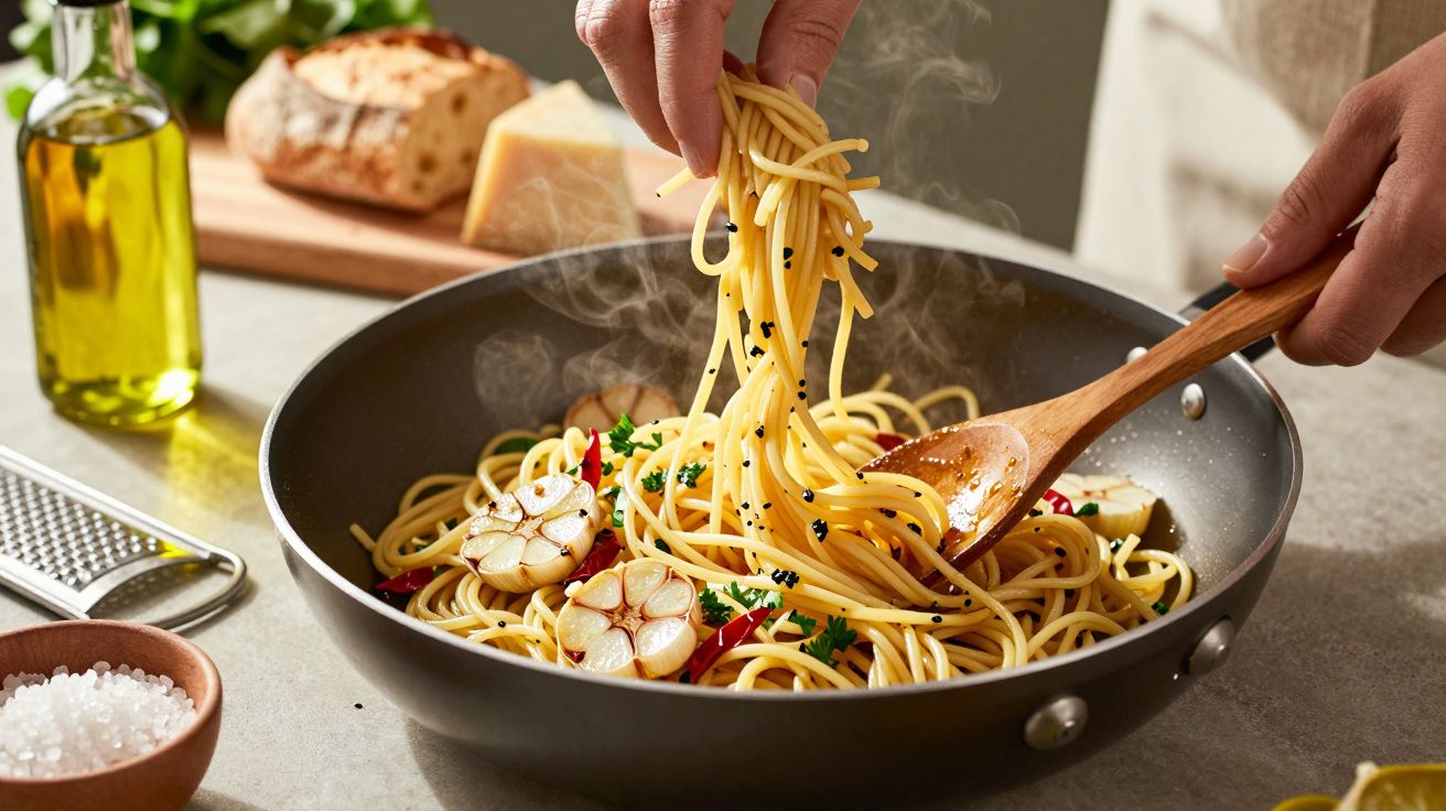Mãos misturam esparguete com alho e ervas numa frigideira, com pão e azeite ao fundo.