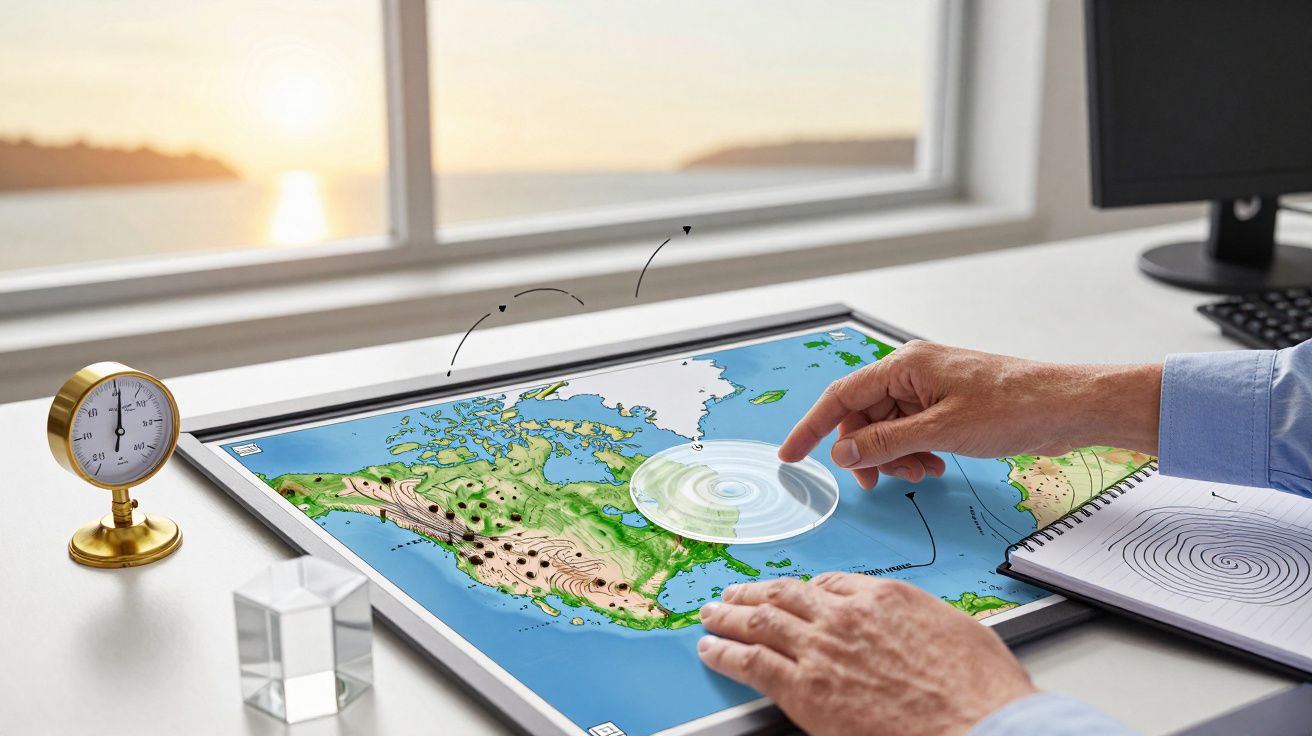 Mão ajusta mapa digital interativo num tablet, com ferramenta de zoom. Relógio e caderno vistos na mesa ao fundo.