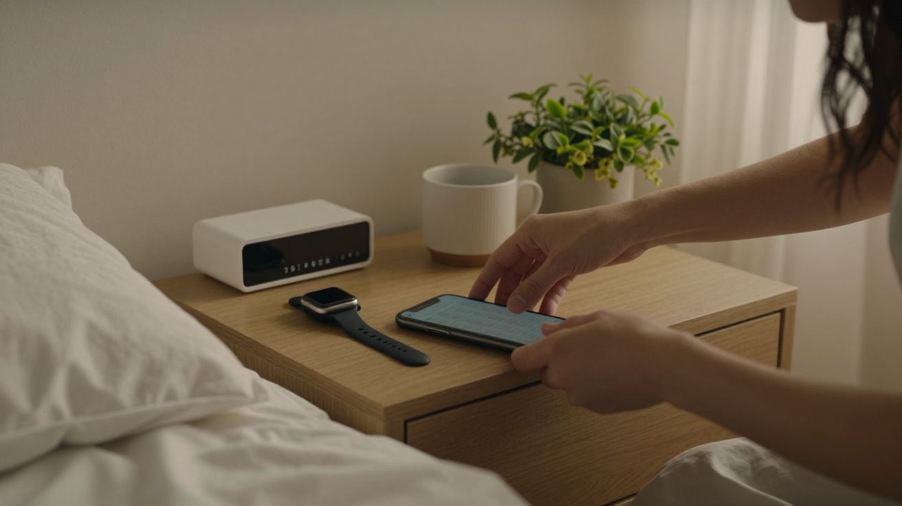 Pessoa usa smartphone em mesa de cabeceira com relógio, chávena e planta.