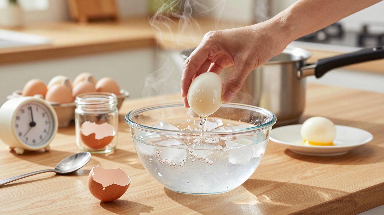 Mão colocando ovo cozido em taça com água gelada; cascas e temporizador ao fundo.