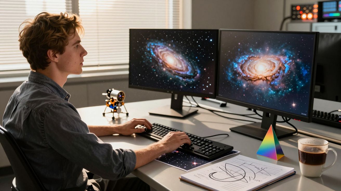 Homem sentado à secretária com dois monitores mostrando galáxias, documentos e uma bebida ao lado.