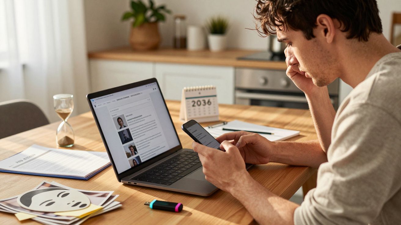 Homem sentado à mesa, usando portátil e telemóvel. Ao lado, uma ampulheta, papéis e um calendário de 2036.