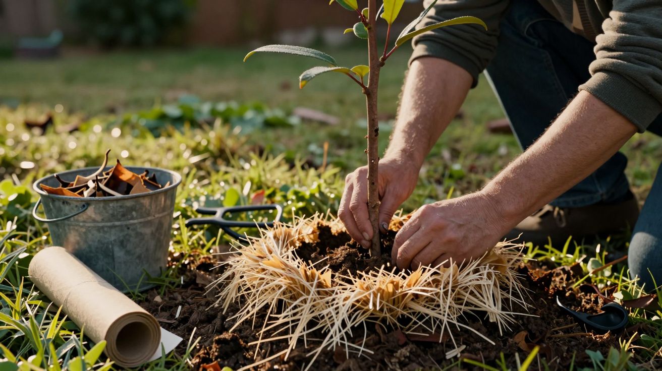 Pessoa a plantar uma pequena árvore num jardim, cercada de palha. Balde com folhas secas ao lado.