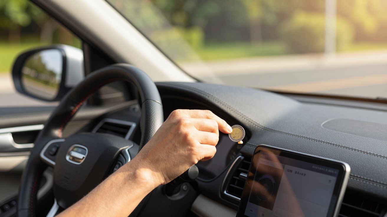 Condutor segura moeda dentro de carro ao lado de um tablet no painel.