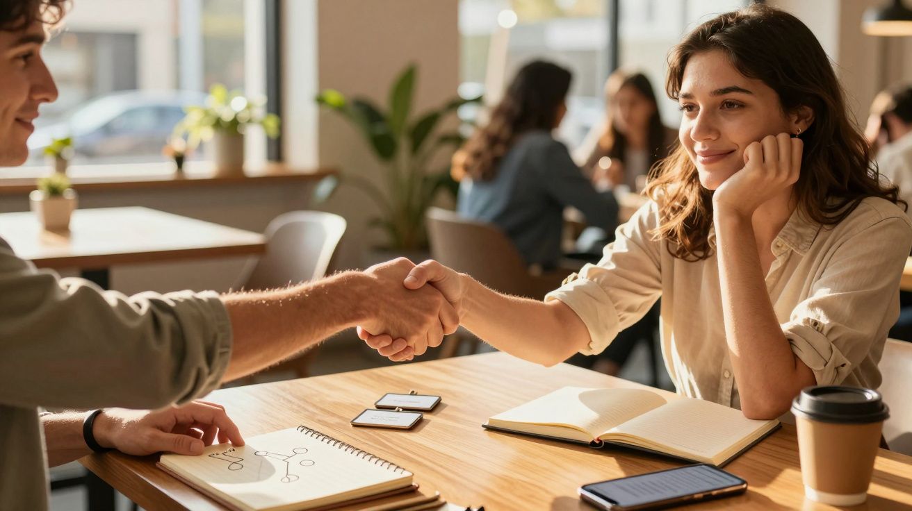 Duas pessoas apertando as mãos sobre uma mesa com cadernos e café, em ambiente de escritório iluminado pelo sol.