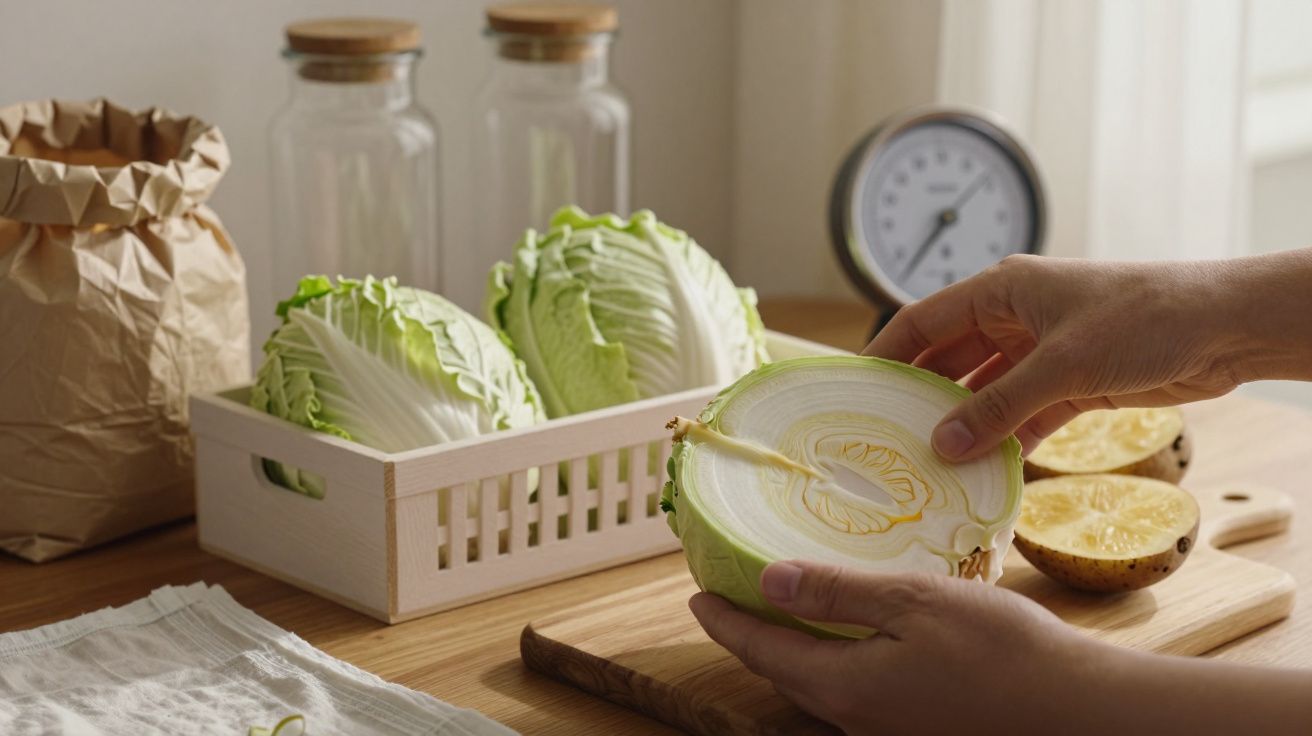 Mãos segurando meio repolho cortado, com repolhos inteiros e limões sobre uma mesa de madeira, ao lado de uma balança.