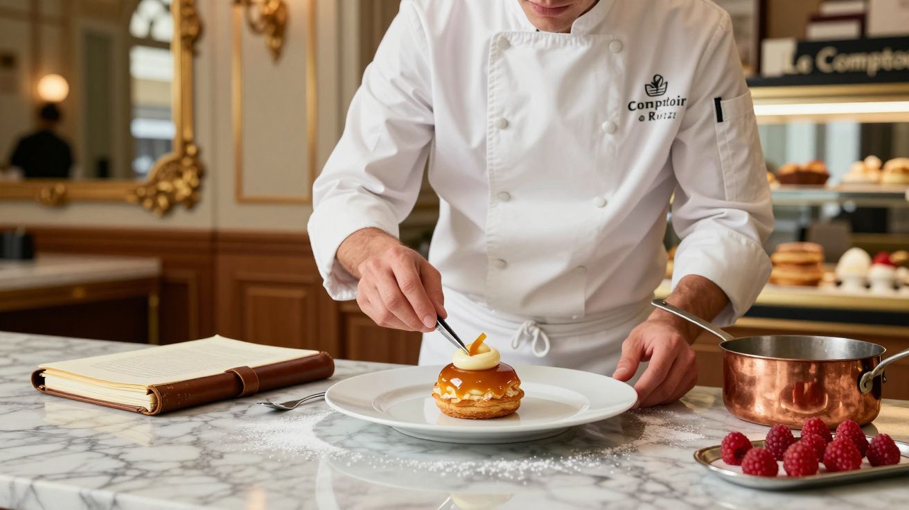 Chef a decorar sobremesa sofisticada num prato branco, com framboesas ao lado, numa cozinha elegante.