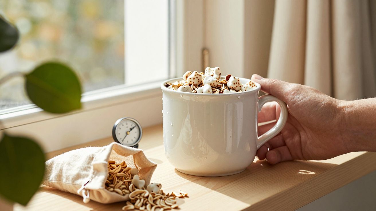 Caneca branca com cereais e marshmallows, ao lado de saco de frutos secos e termómetro, numa janela iluminada pelo sol.