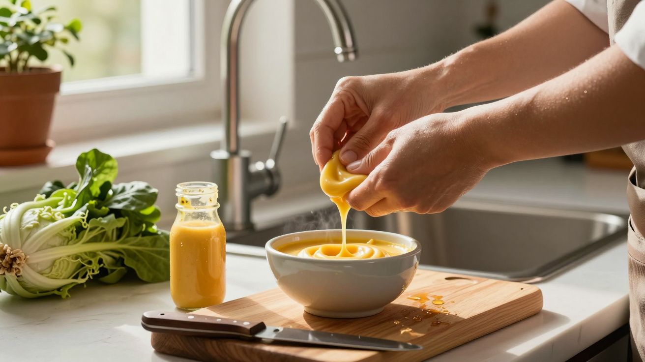 Pessoa a espremer molho amarelo numa tigela na cozinha, ao lado de verduras e uma faca sobre a tábua.
