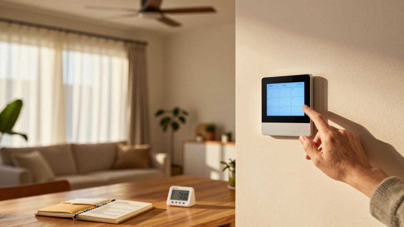 Mão ajusta termóstato moderno numa parede, com sala iluminada ao fundo.