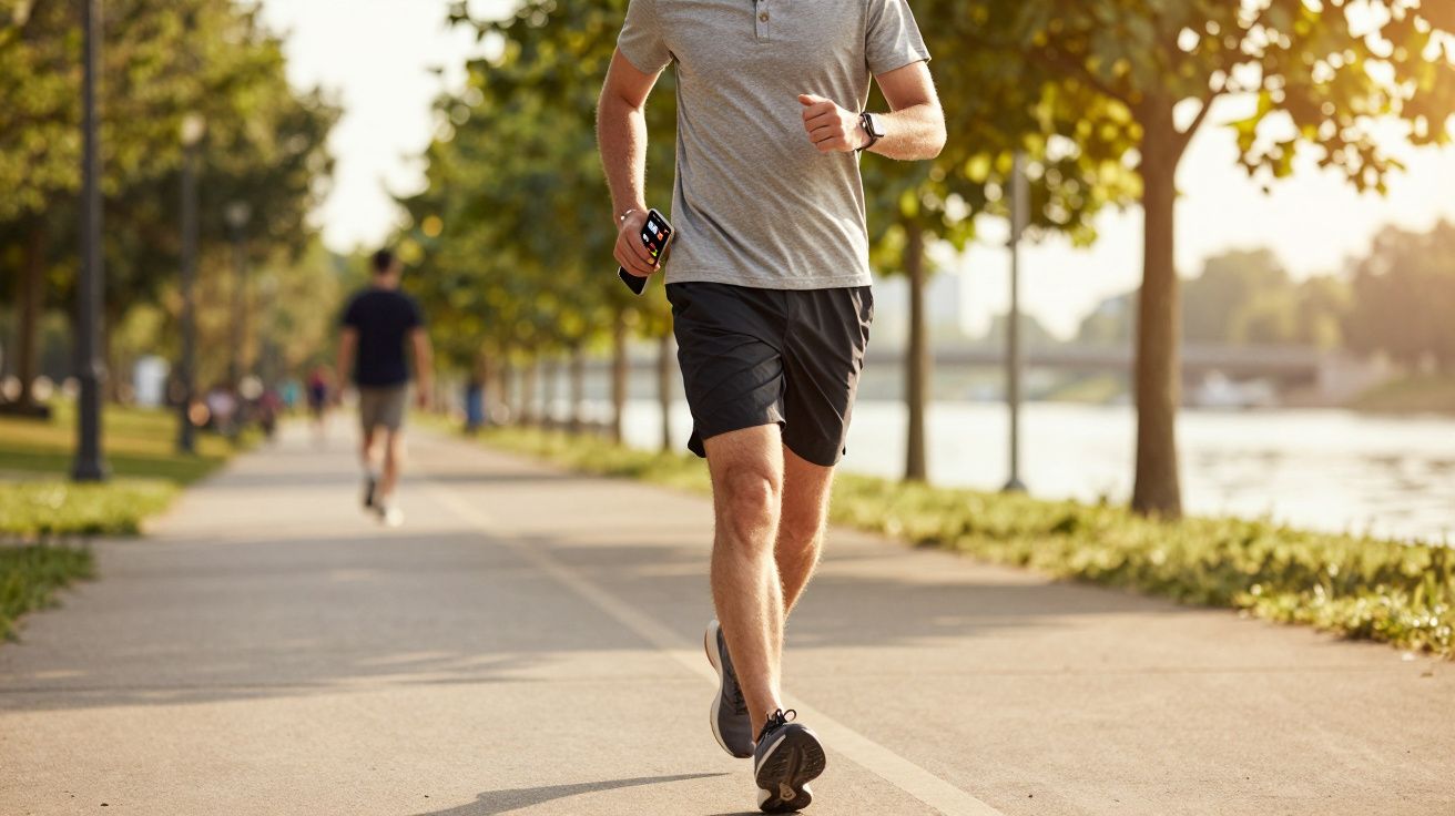 Homem a correr num parque ensolarado, a segurar um smartphone. Caminhantes visíveis ao fundo.