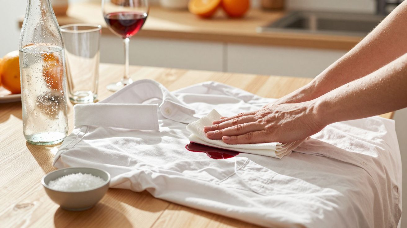 Pessoa a limpar mancha de vinho tinto numa camisa branca sobre a mesa, com garrafa de água e taça de vinho ao lado.