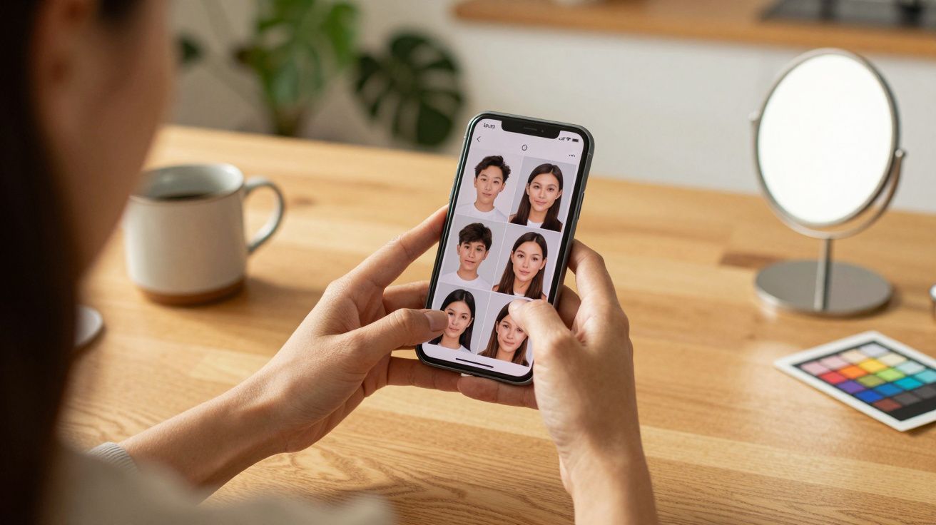 Pessoa usando smartphone para editar fotos de retratos. Ao fundo, espelho, chávena e planta sobre a mesa de madeira.