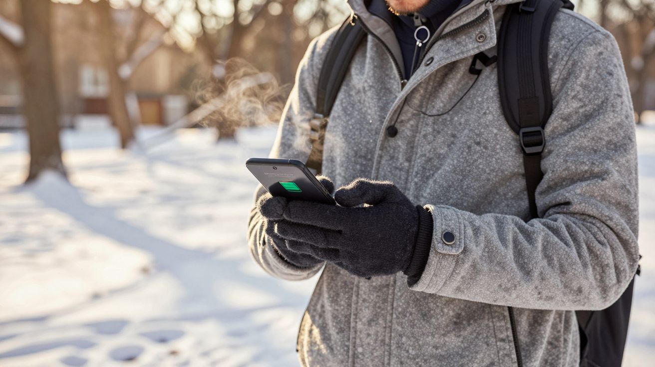 Pessoa com casaco, luvas e mochila usa smartphone num parque coberto de neve.