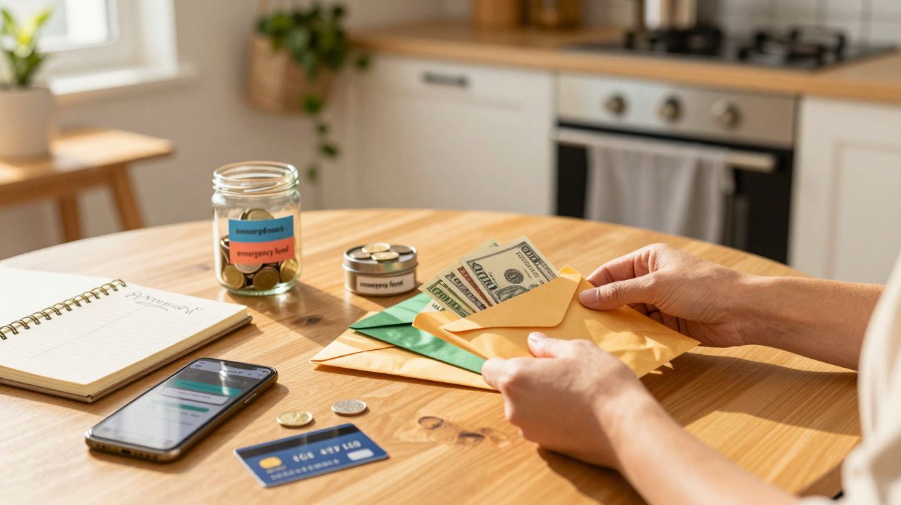Pessoa organiza dinheiro e envelopes numa mesa com frasco de poupança, agenda, telemóvel e cartão de crédito em volta.