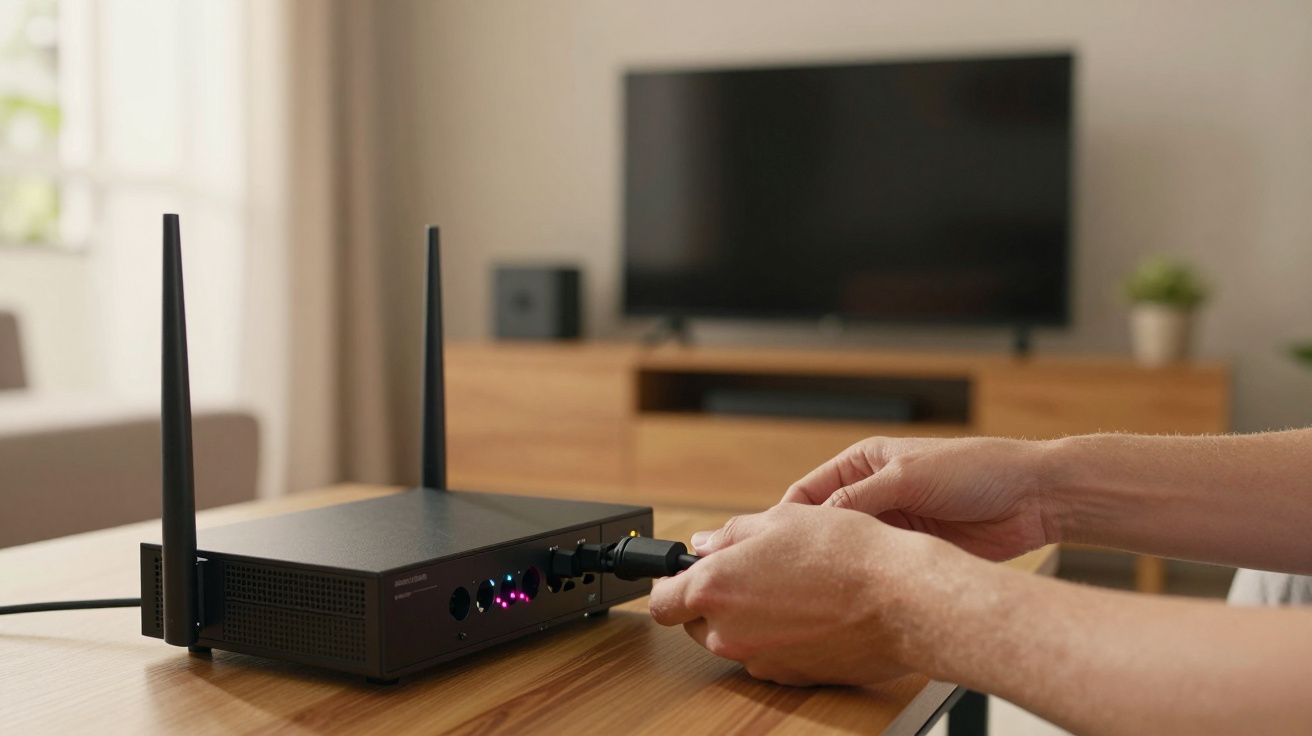 Pessoa a ligar um cabo a um router de internet sobre uma mesa na sala de estar, com televisão desfocada ao fundo.