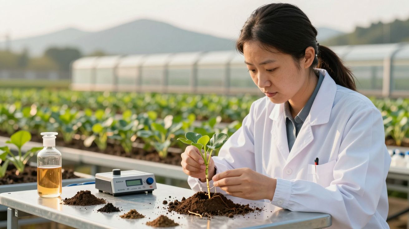 Investigadora de bata branca analisa planta em estufa, com frascos e equipamento científico sobre a mesa.