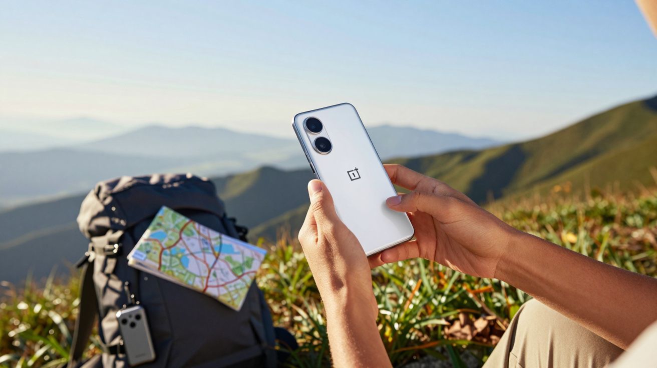 Pessoa segura telemóvel OnePlus num local montanhoso, com mochila e mapa ao fundo.