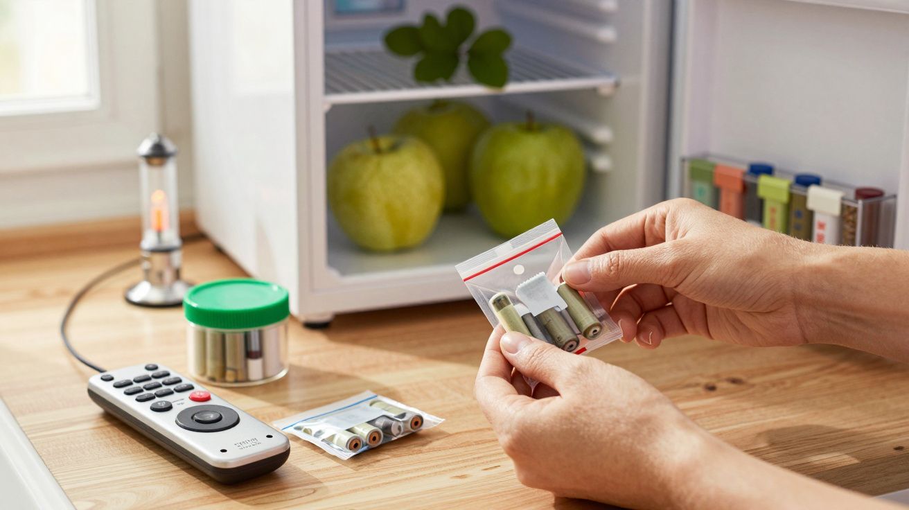 Mãos seguram saco com tubos perto de mini frigorífico com maçãs e pilhas, ao lado de controlo remoto sobre mesa de madeira.