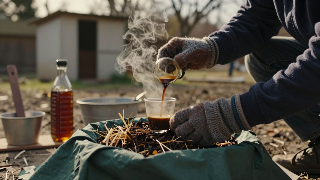 Pessoa despejando líquido em copo sobre pilha de ramos secos, ao ar livre, com frasco e balde ao fundo.