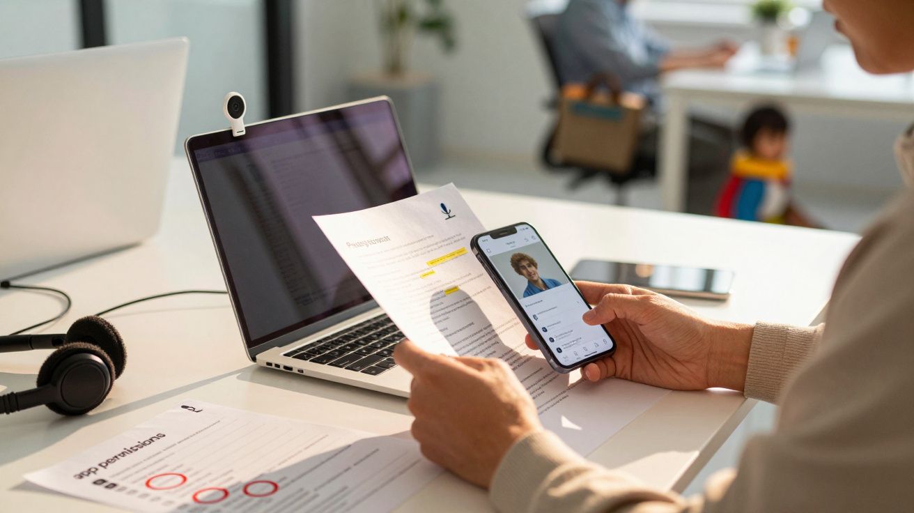 Pessoa a trabalhar num escritório, segurando um telemóvel e um documento, com portátil e auscultadores sobre a mesa.