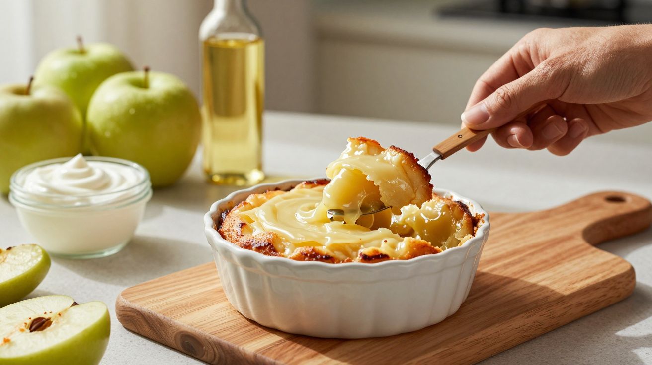 Mão serve tarte de maçã dourada em travessa branca, com maçãs verdes, creme e garrafa ao fundo.