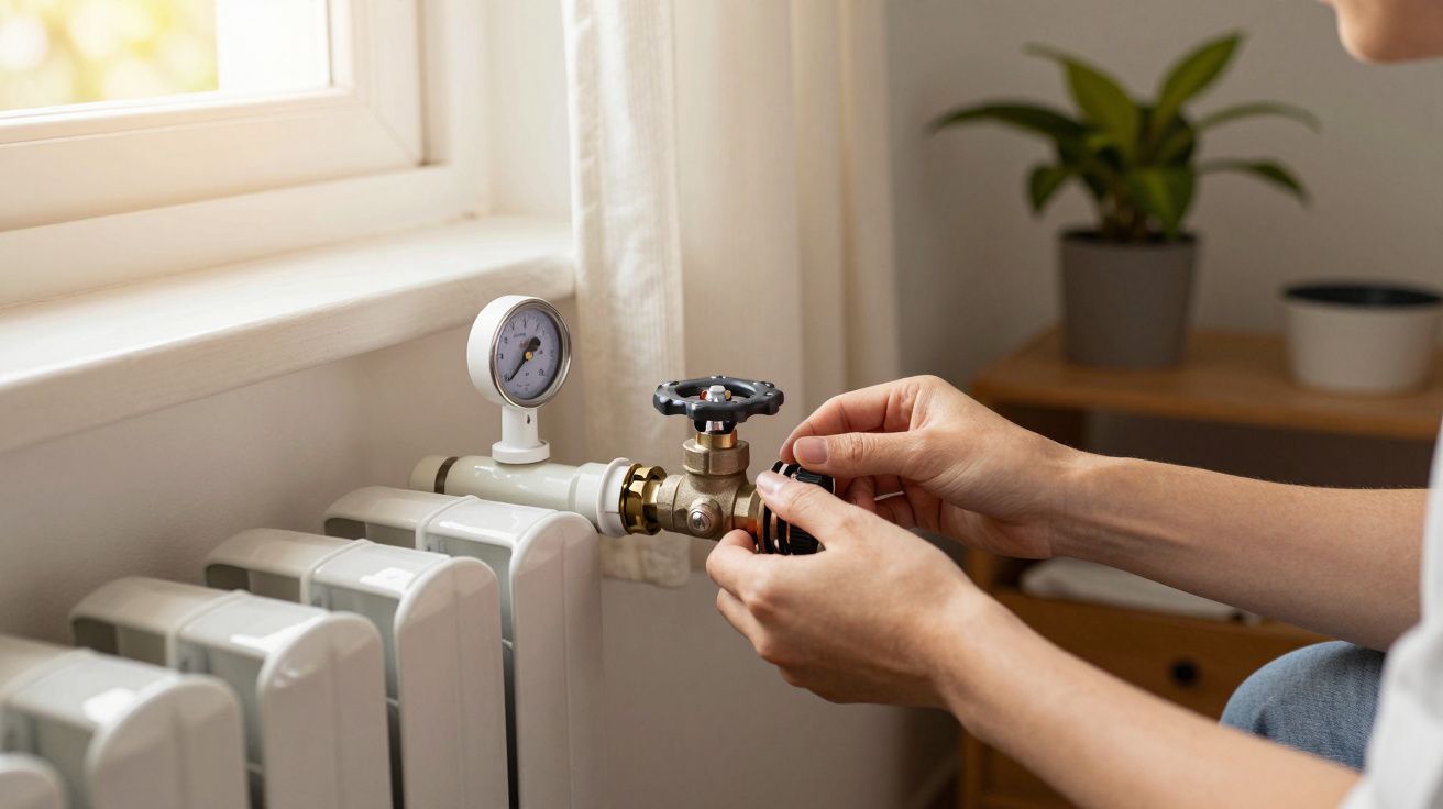 Pessoa ajusta válvula de radiador sob janela com termómetro.