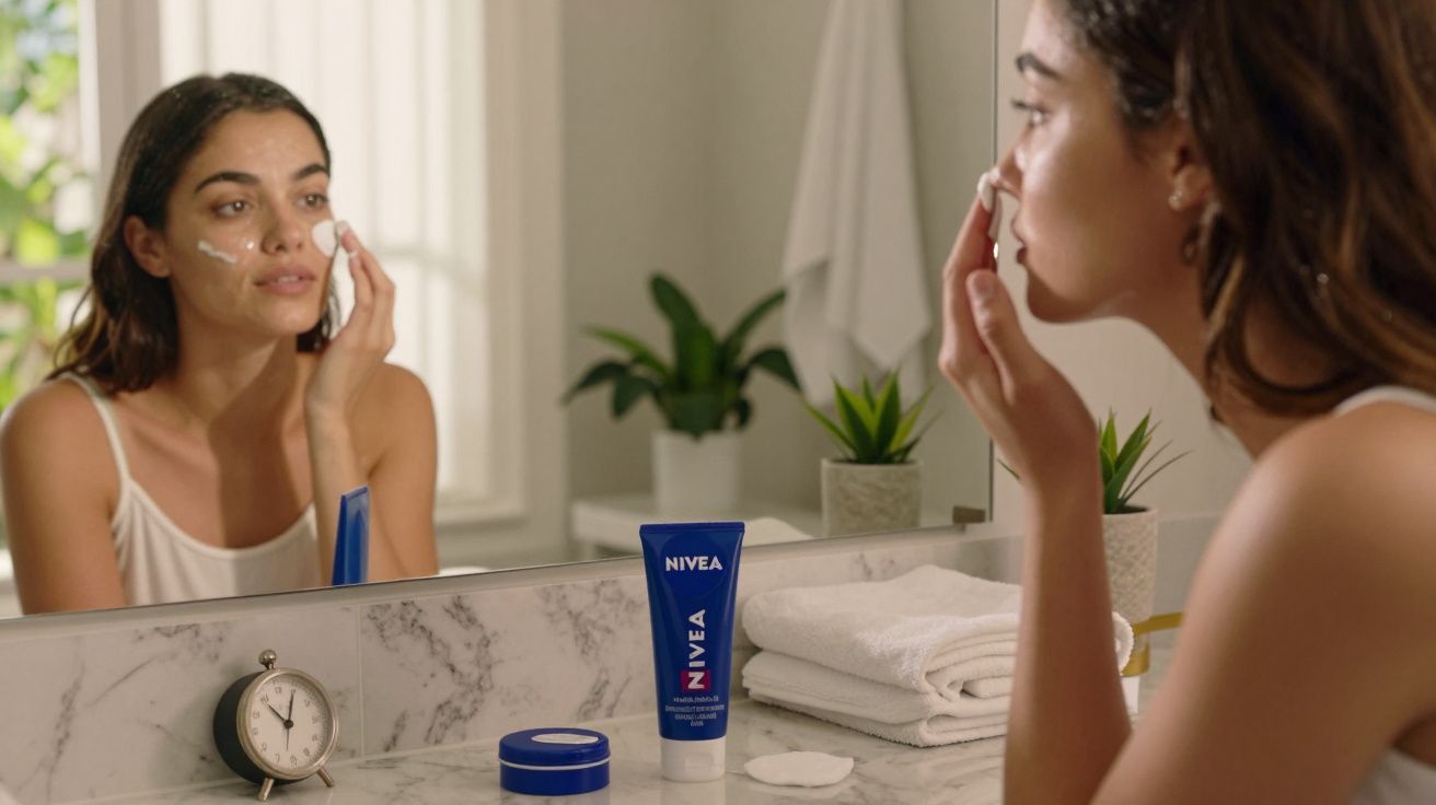 Mulher aplica creme Nivea no rosto em frente ao espelho no banheiro, com toalhas e plantas ao fundo.