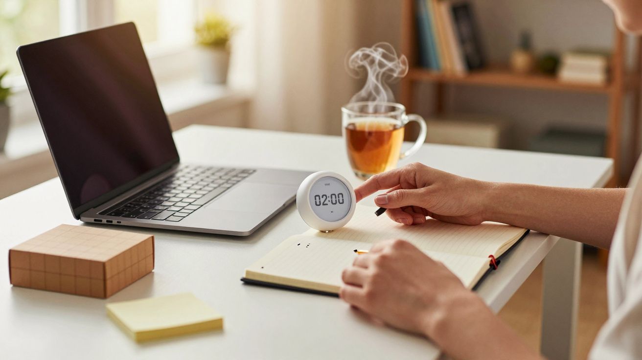 Pessoa escreve num caderno com um cronómetro em cima de mesa, laptop e chá ao fundo.