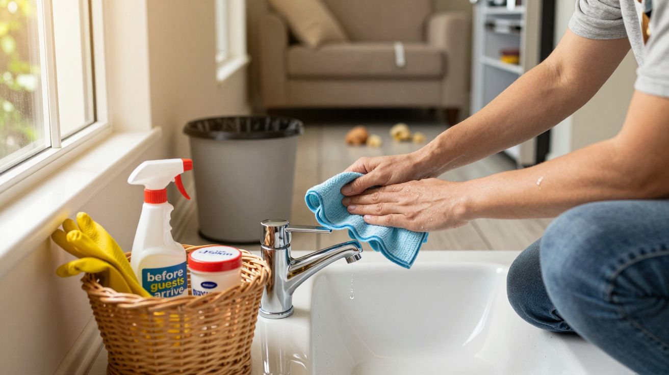 Pessoa a limpar torneira de lavatório com pano azul. Cesto com produtos de limpeza e luvas ao lado.