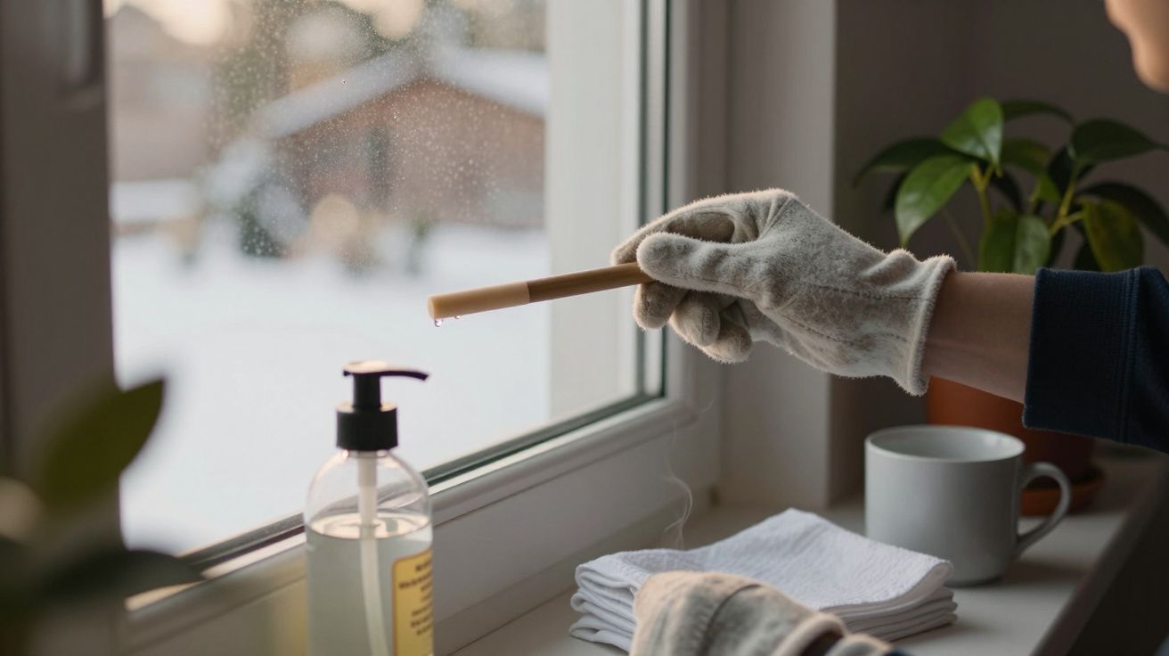 Mão com luva limpa janela com pano e spray; plantas e chá ao lado, neve vista pela janela.