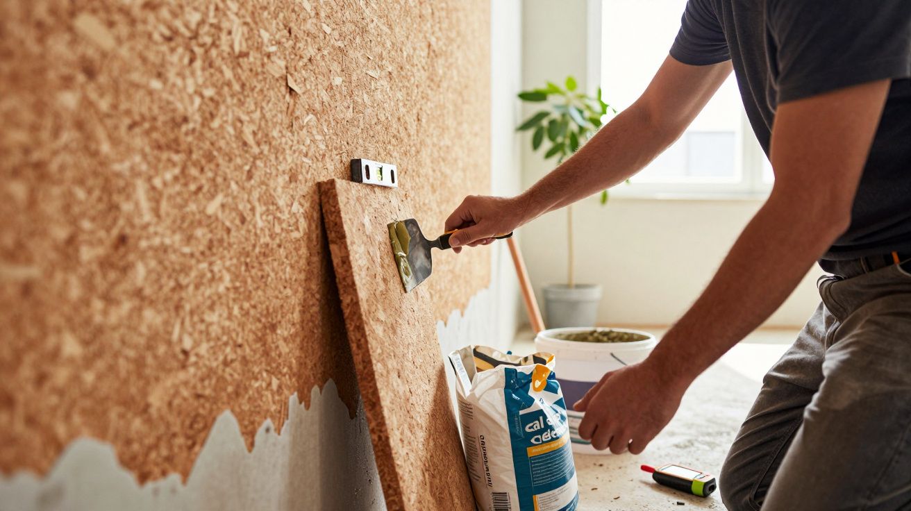 Pessoa aplicando massa numa parede de cortiça com espátula. Ferramentas e materiais de construção ao redor.